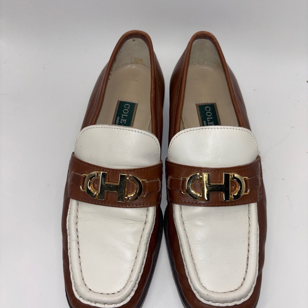 Cole Haan Womens Brown White Leather Horsebit Loafers Made Italy 8127 Size 5.5B - Picture 1 of 12